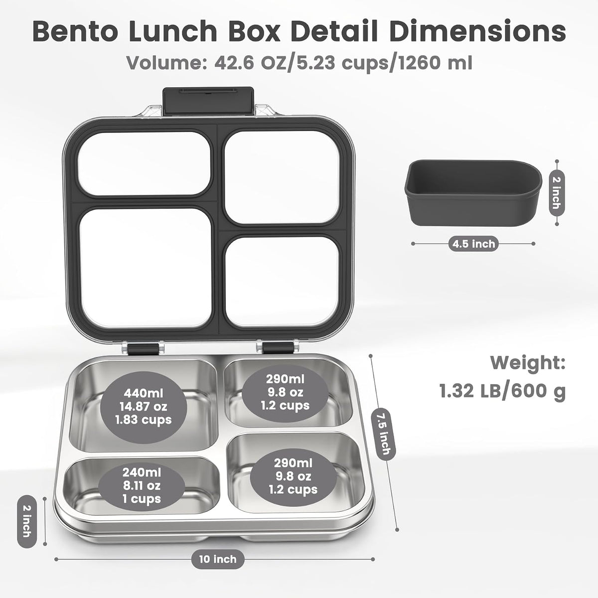Stainless Steel Bento Box for Kids Adults with Silicone Container, Leak Proof 4 Compartments Metal Lunch Box, Removable Silicone Seal & Clear Lid Food Container for School Office, BPA-Free(Black)