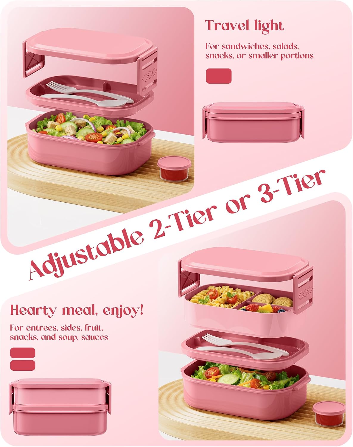 Bento Lunch Box, 65 oz 3-Tier Stackable Lunch Container, Adjustable 2/3 Tier Design, BPA-Free Food-Grade Plastic, Leakproof, Microwave & Dishwasher Safe, Pink