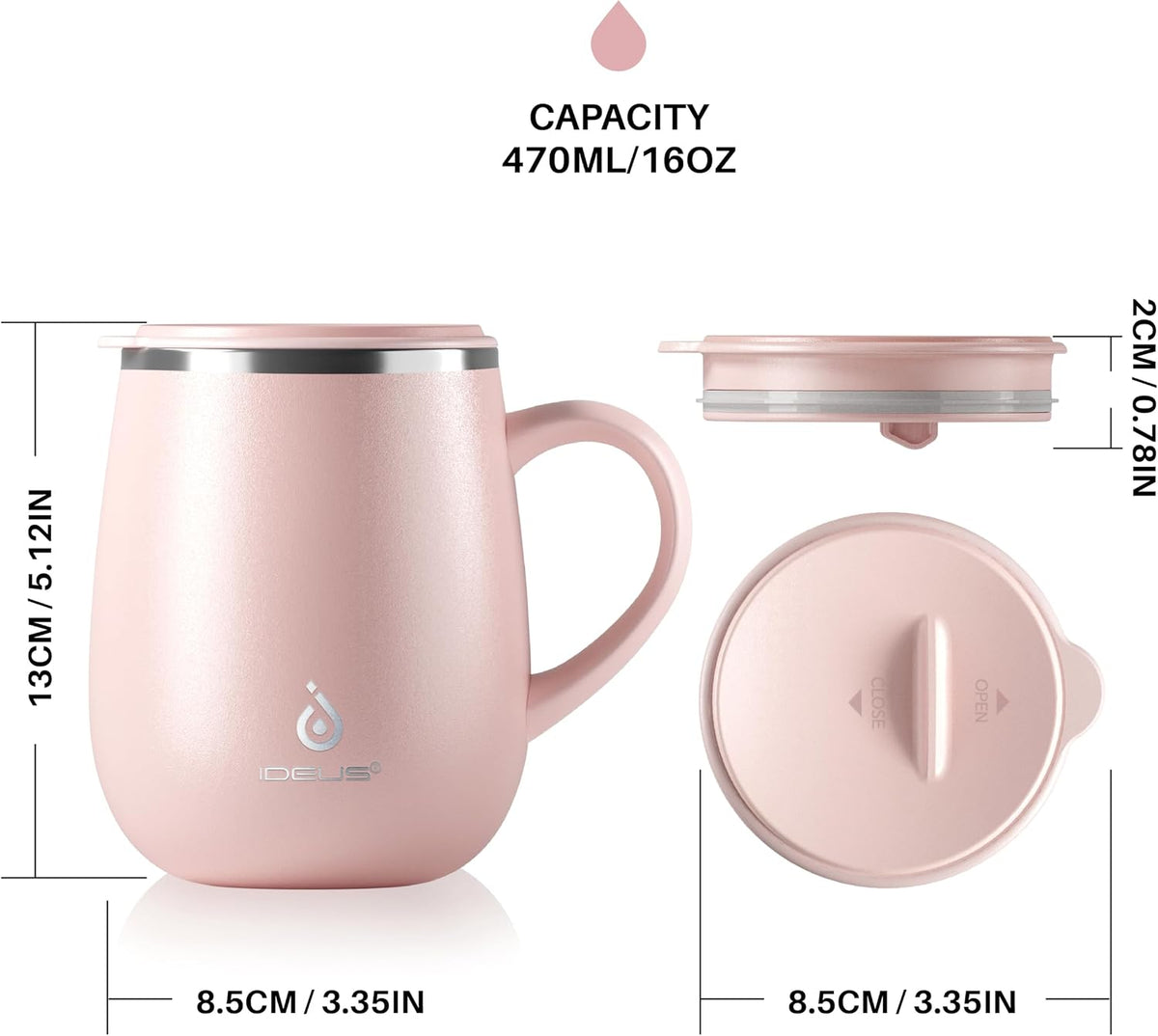 Ideus 16 oz Insulated Coffee Mug with Lid and Handle (Sakura Pink 2.0)
