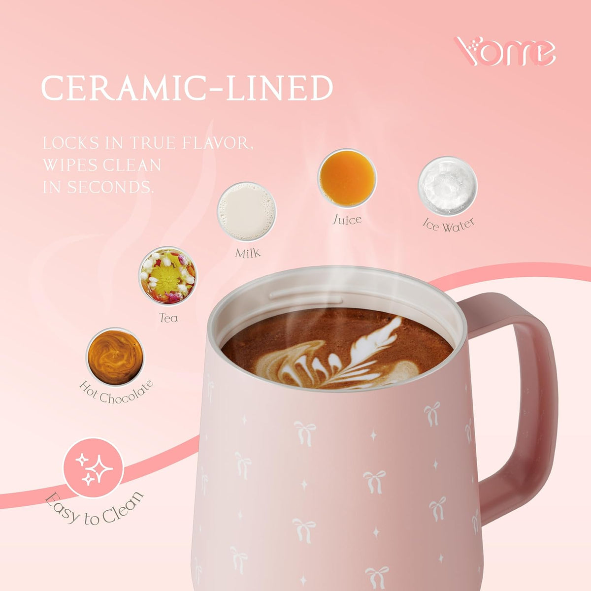 YOME 10oz Bow Light Pink Insulated Coffee Mug with Handle for Women | Ceramic Lined Coffee Mug with Splash-Resistant Lid| Pure Taste Stainless Steel Coffee Cup | Easy to Clean | Keeps Drinks Cold