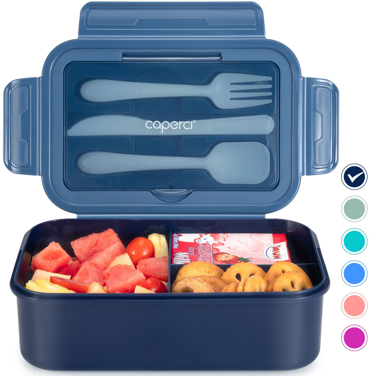 Caperci Classic Bento Box Adult Lunch Box for Older Kids - Leakpoof 47 oz 3-Compartment Lunch Containers for Adults and Teens, Built-in Utensil Set, Ideal for On-the-Go Balanced Eating, Gray