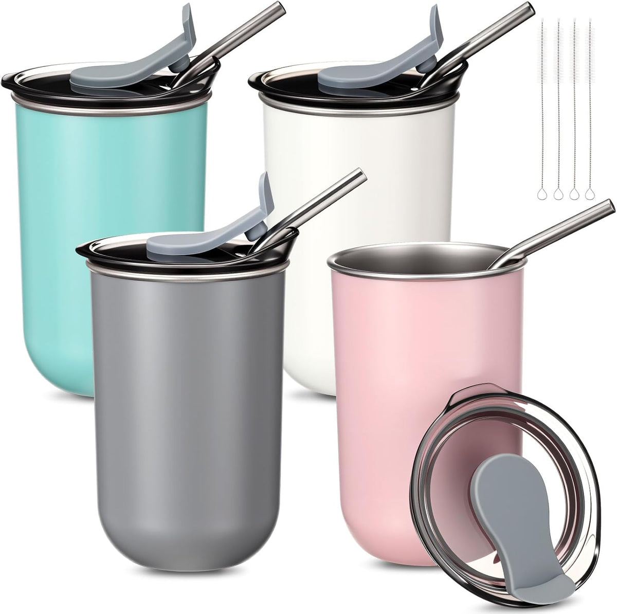 Remerry 4 Pack 10 oz Stainless Steel Wine Tumbler with Lids Double Wall Vacuum Insulated Travel Mugs Includes 4 Straws and 4 Straw Brushes for Hot Cold Drinks Tea Coffee Cocktails (4 Colors)