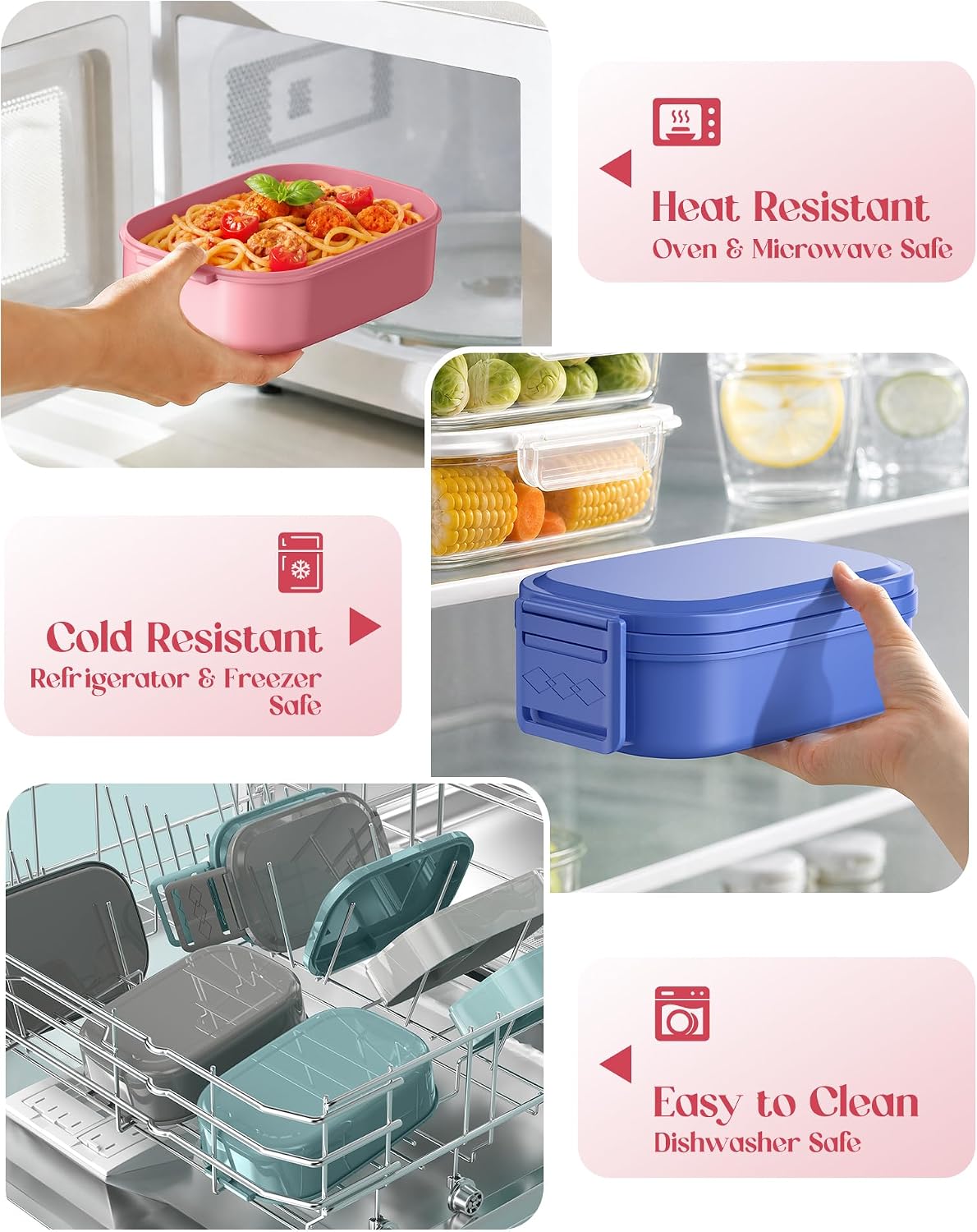 Bento Lunch Box, 65 oz 3-Tier Stackable Lunch Container, Adjustable 2/3 Tier Design, BPA-Free Food-Grade Plastic, Leakproof, Microwave & Dishwasher Safe, Pink