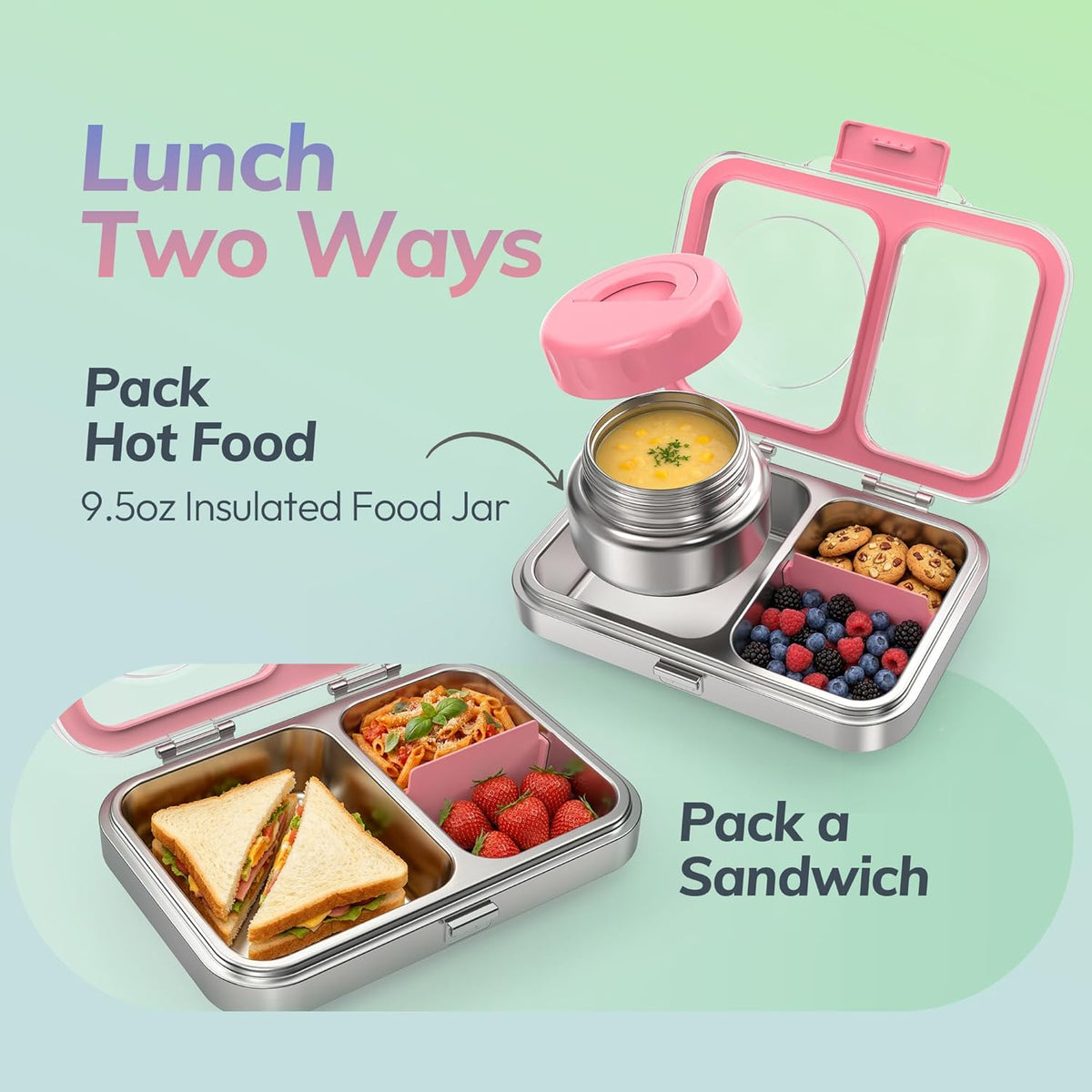 HOMEKOL Stainless Steel Bento Lunch Box + 9.5oz Insulated Food Jar, Pink