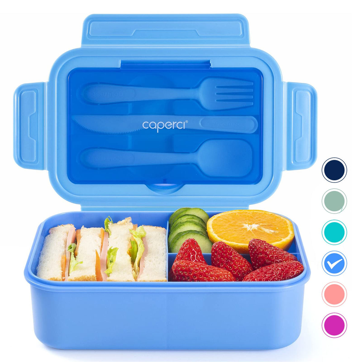 Caperci Classic Bento Box Adult Lunch Box for Older Kids - Leakpoof 47 oz 3-Compartment Lunch Containers for Adults and Teens, Built-in Utensil Set, Ideal for On-the-Go Balanced Eating, Gray