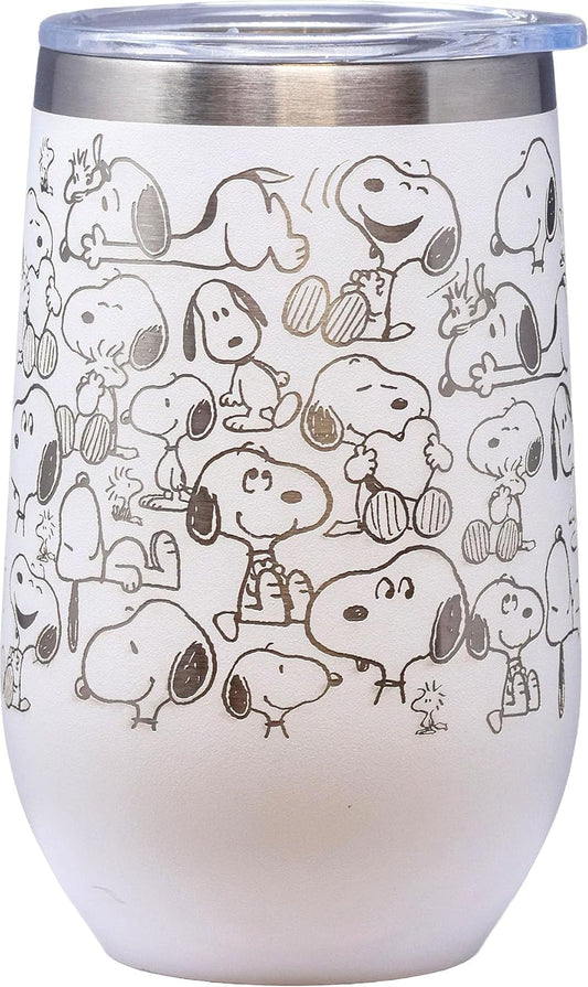 Spoontiques Snoopy Etched Stainless Steel Tumbler - Insulated Wine Tumbler with Lid - Double Wall Stainless Steel Stemless Wine Glass - 16oz - 5 5/8" Tall