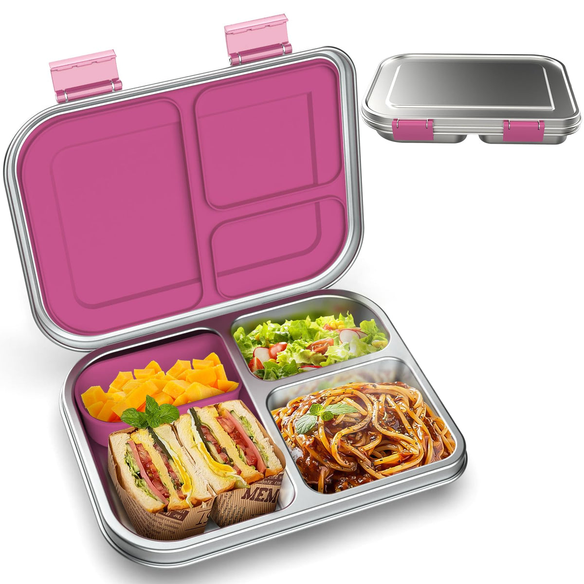 BOSEDSANG Stainless Steel Kids Leak-Resistant Bento Lunch Box, 3-Compartments with Silicone Container, Dishwasher-Safe, Child-Friendly Design for School, Picnics & Travel,BPA-Free (Blue)