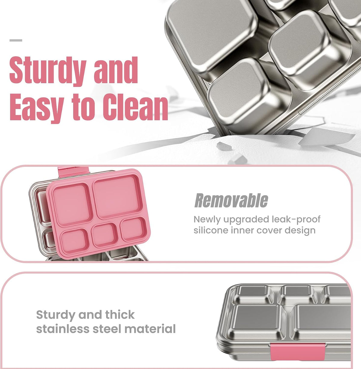 Stainless Steel Bento Lunch Box for Kids & Adults, 5 Compartment Metal Portable Bento Box with Silicone Food Container and Removable Silicone Seal,BPA-Free,School,Office(Pink)