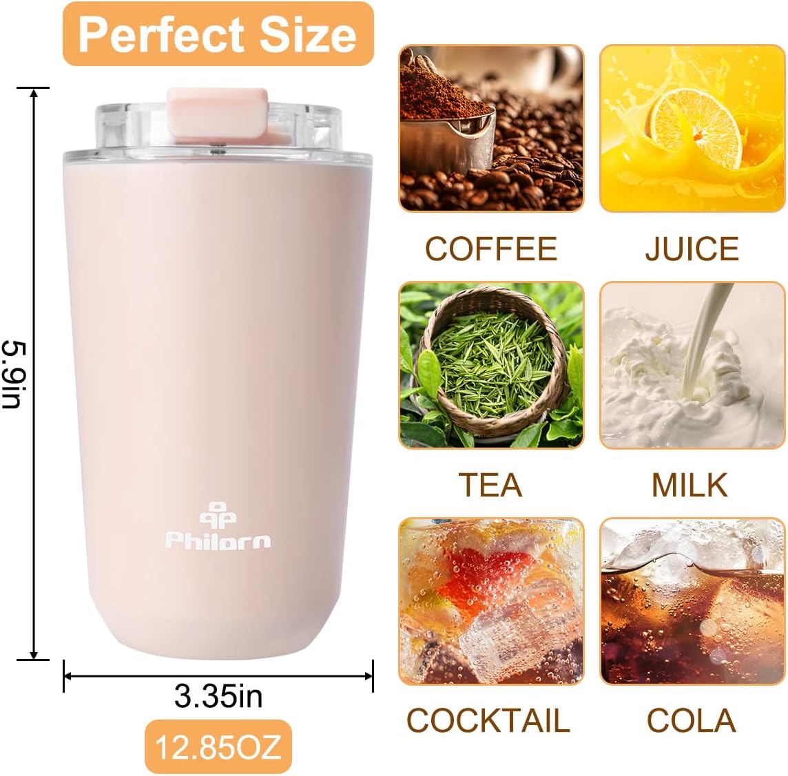 PHILORN Pink Coffee Tumbler - 12 OZ Insulated Coffee Mug With Lid