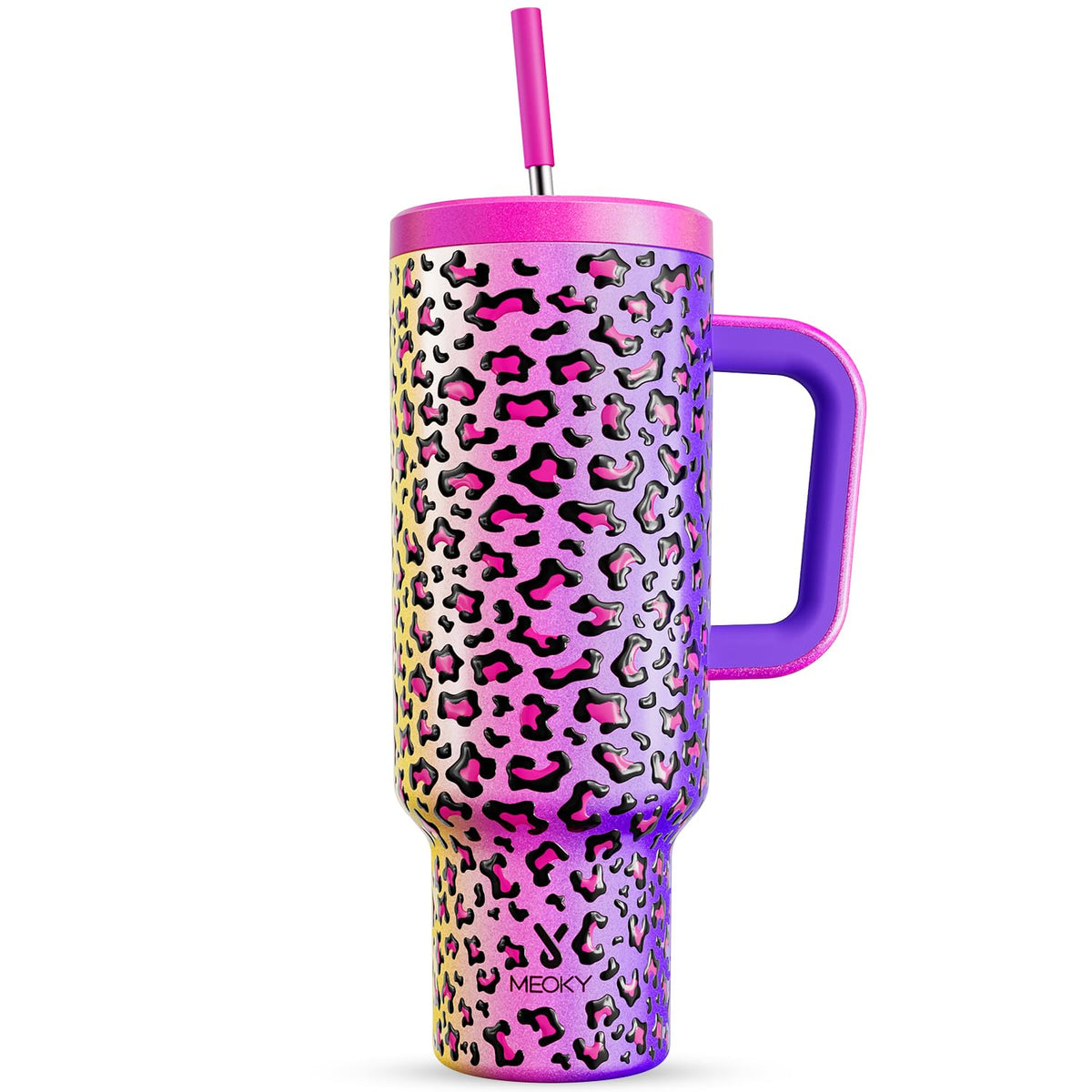 Meoky 40oz Tumbler with Handle, Leak-proof Lid and Straw, Insulated Coffee Mug Stainless Steel Travel Mug, Keeps Cold for 34 Hours or Hot for 10 Hours (Night)