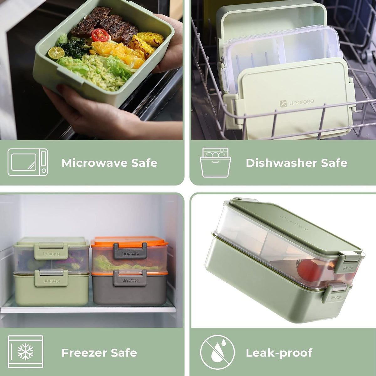 linoroso Stackable 2-Tier Adult Bento Box, 4 Compartments - Pale Mint