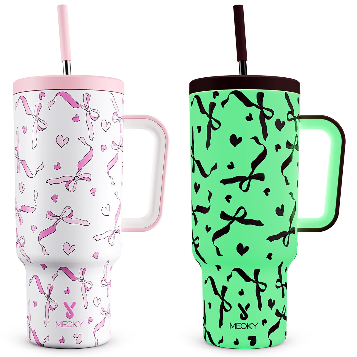 Meoky 40oz Tumbler with Handle, Leak-proof Lid and Straw, Insulated Coffee Mug Stainless Steel Travel Mug, Keeps Cold for 34 Hours or Hot for 10 Hours (Night)