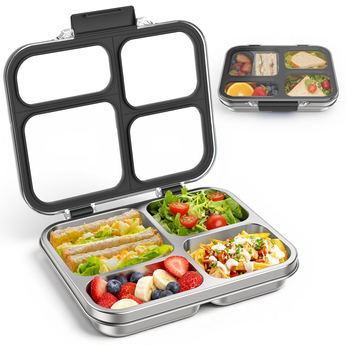 Stainless Steel Bento Box for Kids Adults with Silicone Container, Leak Proof 4 Compartments Metal Lunch Box, Removable Silicone Seal & Clear Lid Food Container for School Office, BPA-Free(Black)