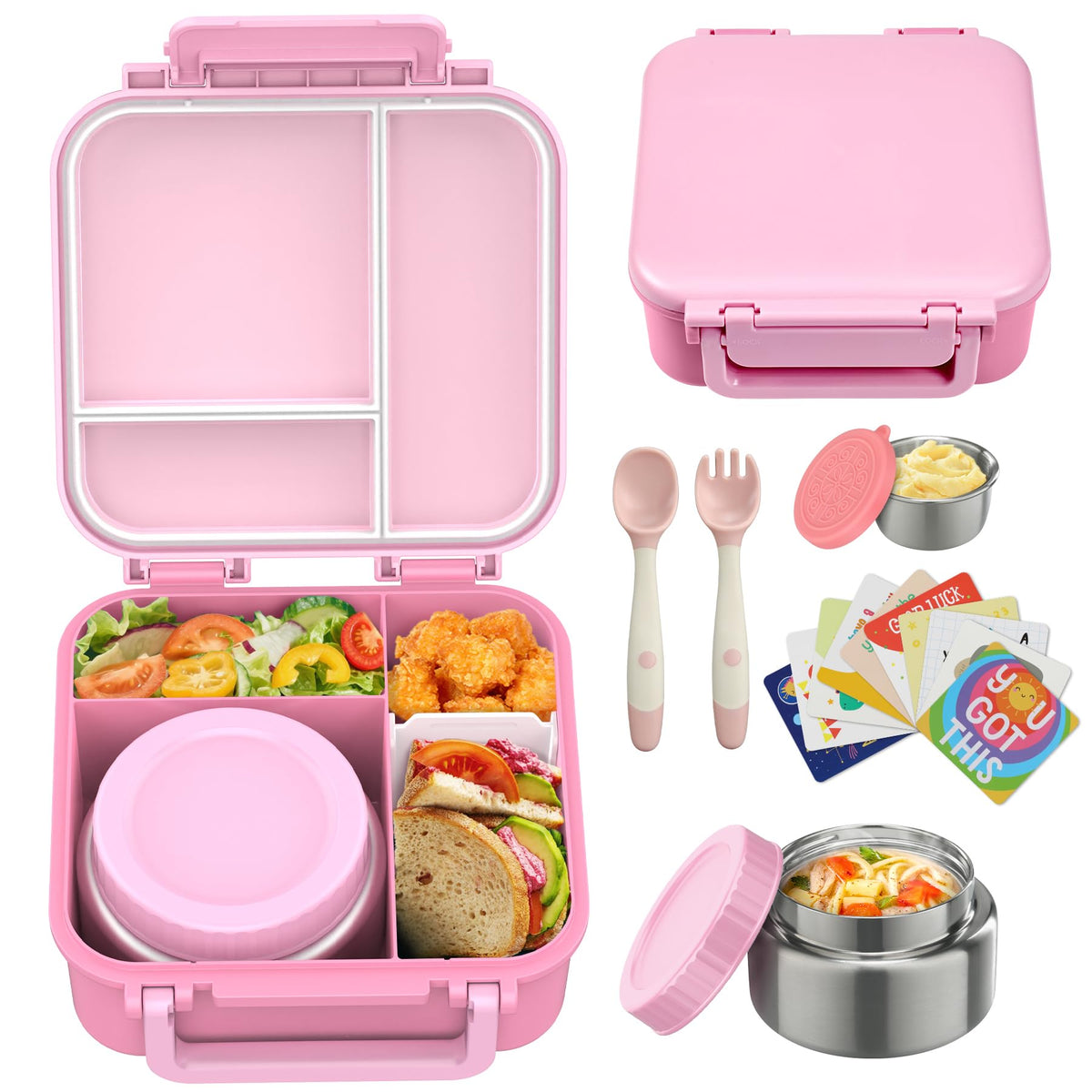 Kids Bento Lunch Box with 9oz Soup Thermo Leakproof Lunch Food Containers 4 Compartment with Insulated Hot Food Jar for Kid Toddler Girls Boys to School Trvael
