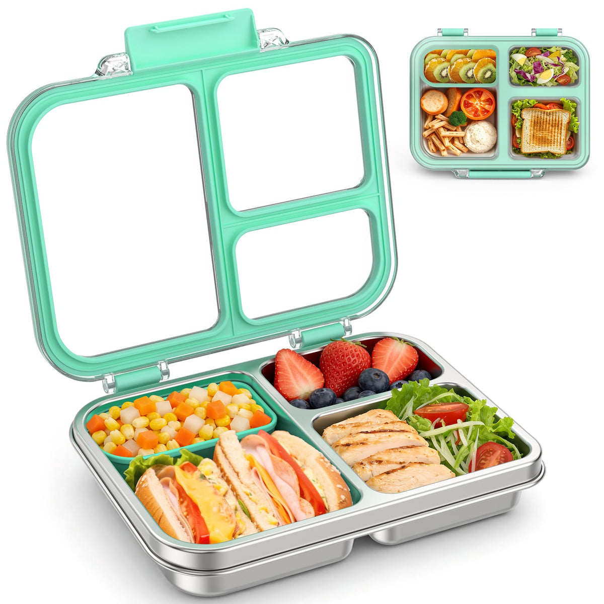 BABHAMNESS Stainless Steel Bento Lunch Box for Kids Adults, 3 Compartments Metal Bento Box with Transparent Lid & Silicone Container for Kids,Dishwasher-Safe,School & Travel,BPA-Free(Grey)