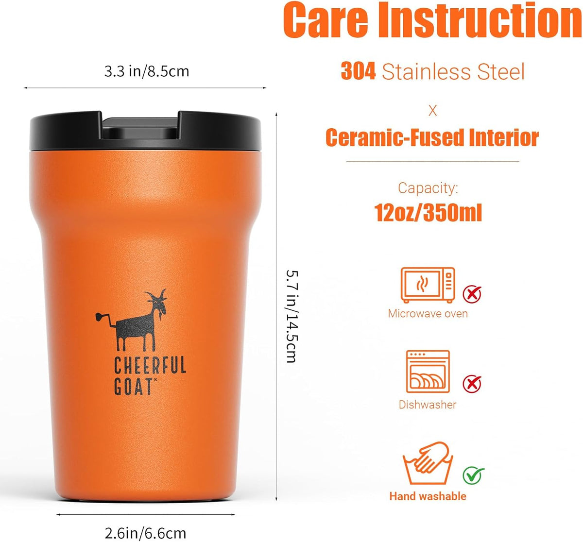 CHEERFUL GOAT Ceramic Lined Coffee Mug – Stainless Steel Travel insulated Tumbler with Ceramic Liner, with lid, 12oz Leak proof Cup for Hot and Cold Water Coffee at Home, Office (orange)
