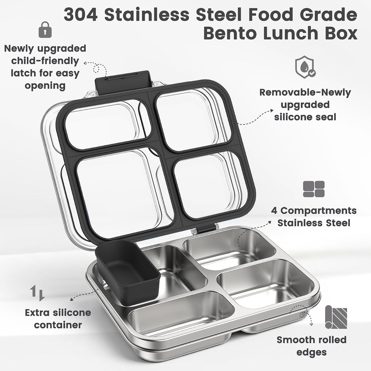 Stainless Steel Bento Box for Kids Adults with Silicone Container, Leak Proof 4 Compartments Metal Lunch Box, Removable Silicone Seal & Clear Lid Food Container for School Office, BPA-Free(Black)