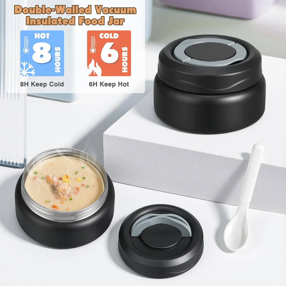 Bento Lunch Box for Kids with 7oz Soup Thermo,Insulated Stainless Steel Kids Water Bottle with Straw and Insulated Lunch Bag,Leak-Proof Lunch Food Container with Ice Pack for School(Black)