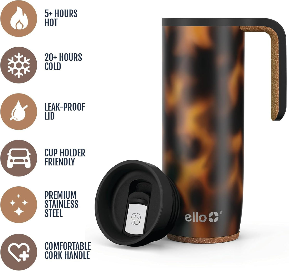 Ello Magnet 18oz Insulated Stainless Steel Travel Mug, Tortoiseshell