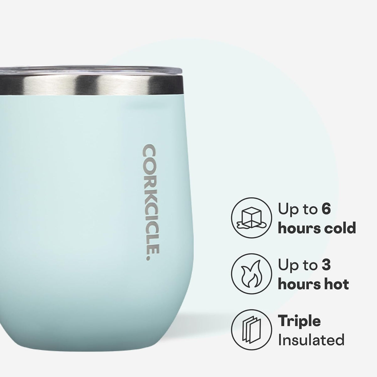 Corkcicle Stemless Wine Tumbler with Lid, 12 oz, Gloss Powder Blue