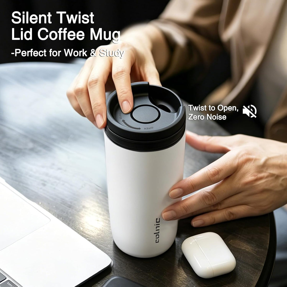 16 oz Travel Coffee Mug with Twist-Open Lid, Leak Proof Coffee Travel Mug, Insulated Tumbler Stainless Steel Coffee Cup For Hot And Iced Cold, Spill Proof Fits Cup Holder (White)