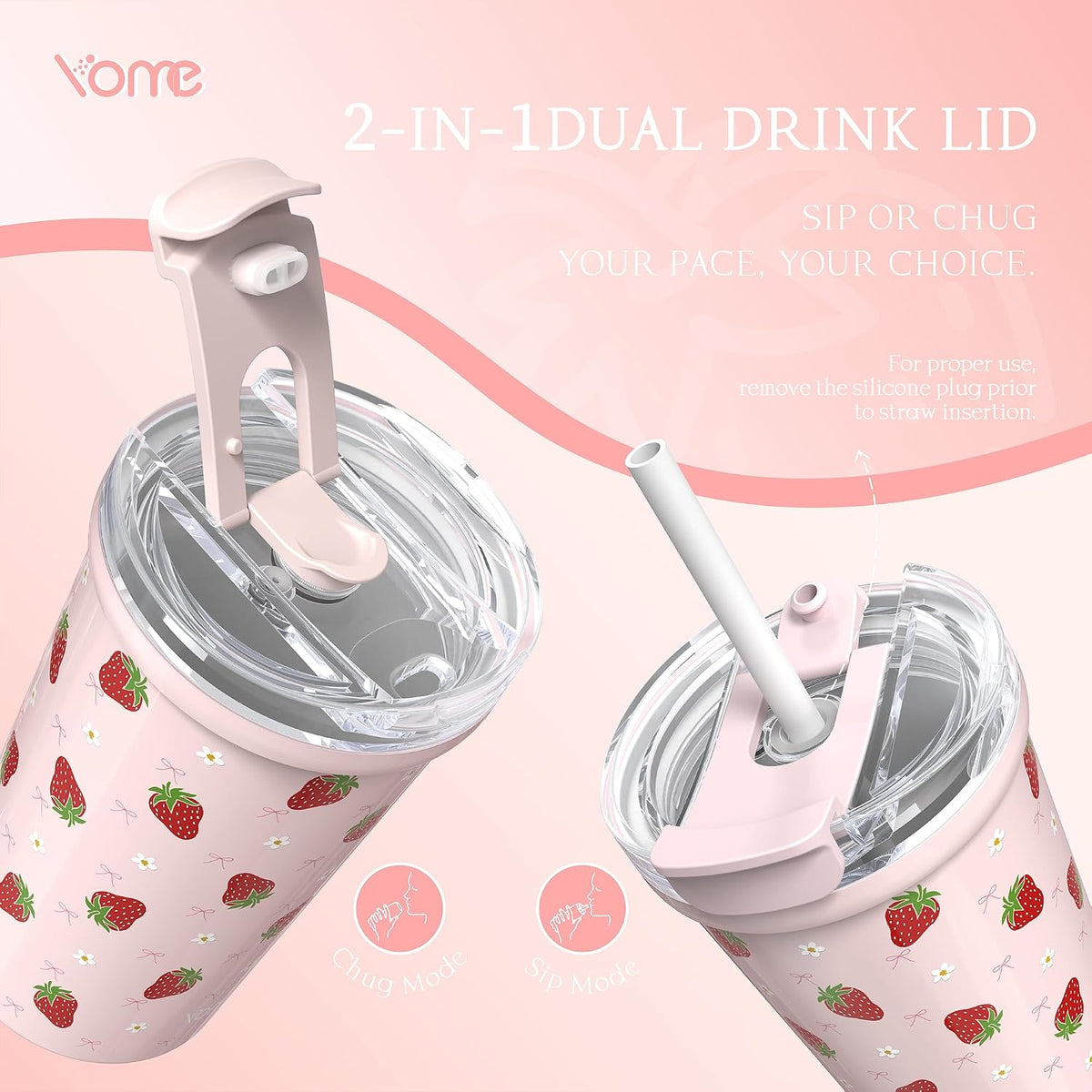 YOME 12oz Strawberry Pink Insulated Coffee Cup with Lid and Straw for Women | 2 in 1 Lid | Stainless Steel | Travel Coffee Cup| 100% Leak Proof | Keeps Drinks Cold&Hot | Gift Travel Gym Car