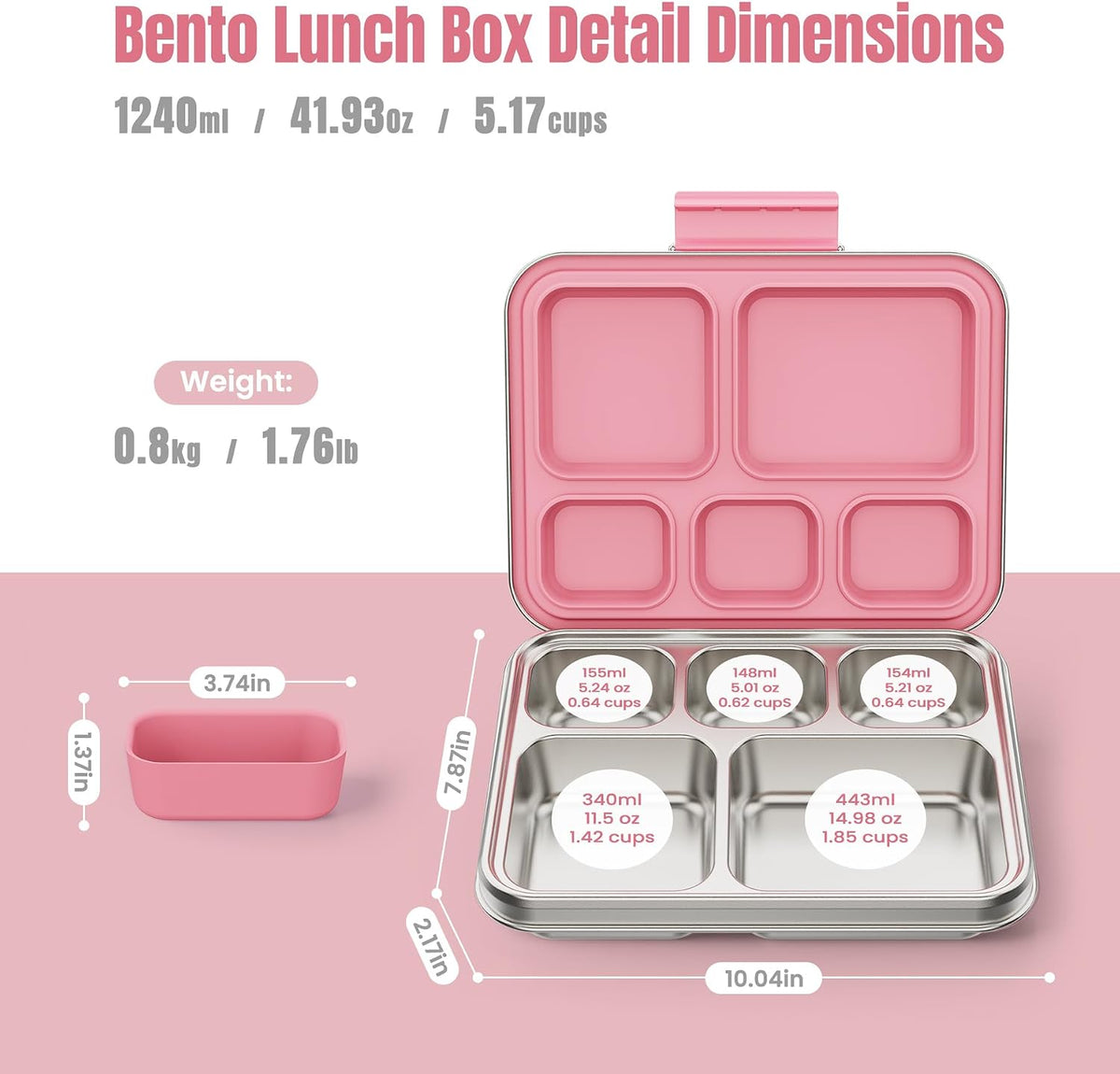 Stainless Steel Bento Lunch Box for Kids & Adults, 5 Compartment Metal Portable Bento Box with Silicone Food Container and Removable Silicone Seal,BPA-Free,School,Office(Pink)