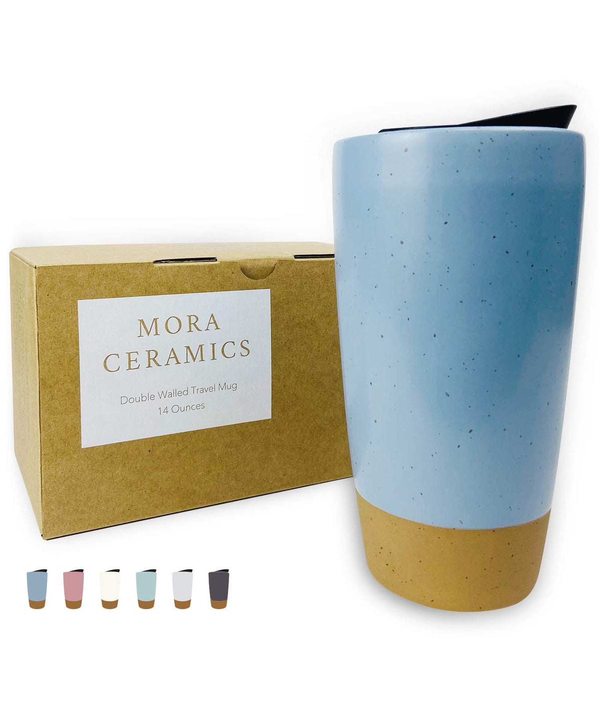 Mora Double Wall Ceramic Coffee Travel Mug with Lid, 14 oz, Portable, Microwave, Dishwasher Safe, Insulated Reusable Tall Cup, Splash Resistant Lid - To Go Tumbler for Car Cup Holder, Cotton White