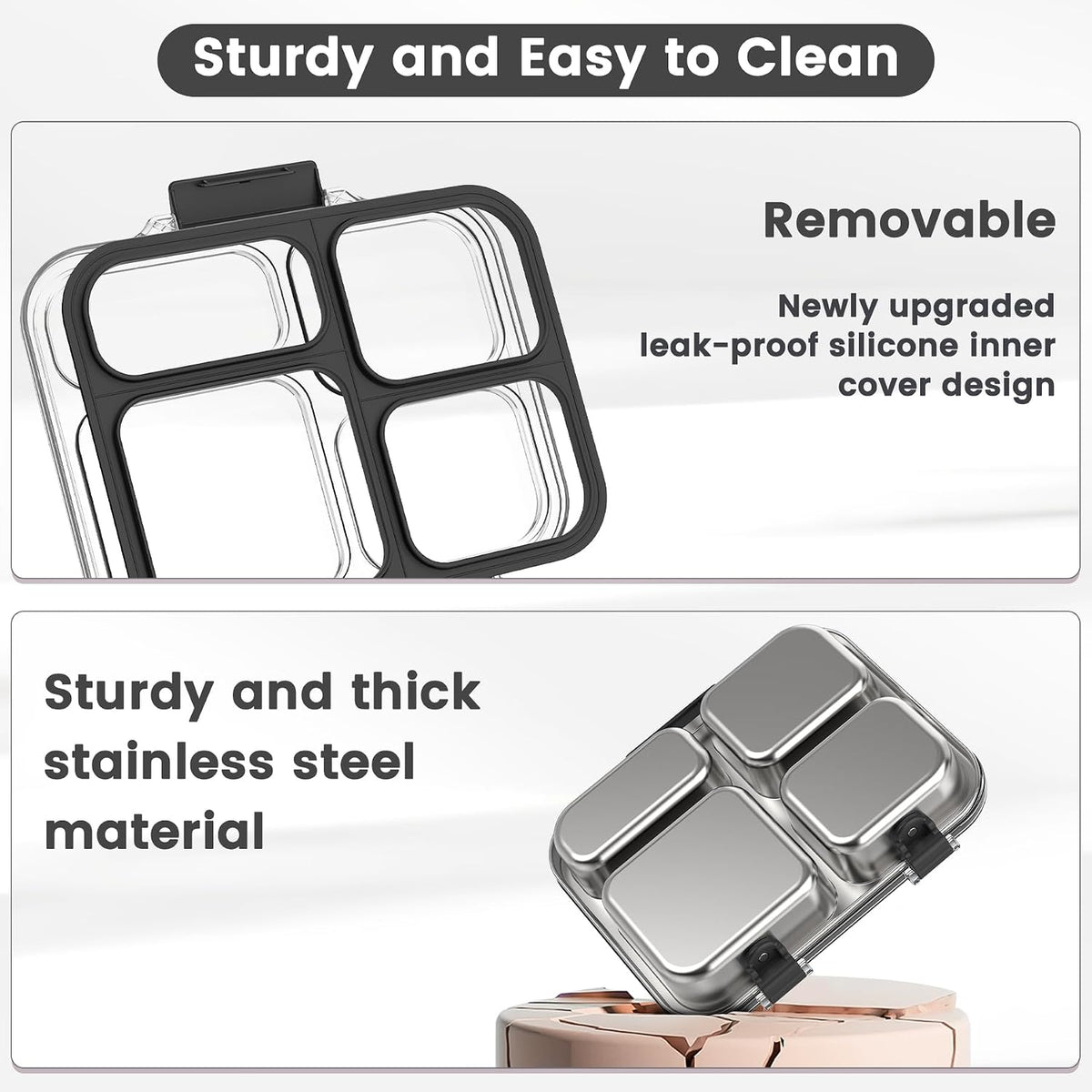 Stainless Steel Bento Box for Kids Adults with Silicone Container, Leak Proof 4 Compartments Metal Lunch Box, Removable Silicone Seal & Clear Lid Food Container for School Office, BPA-Free(Black)