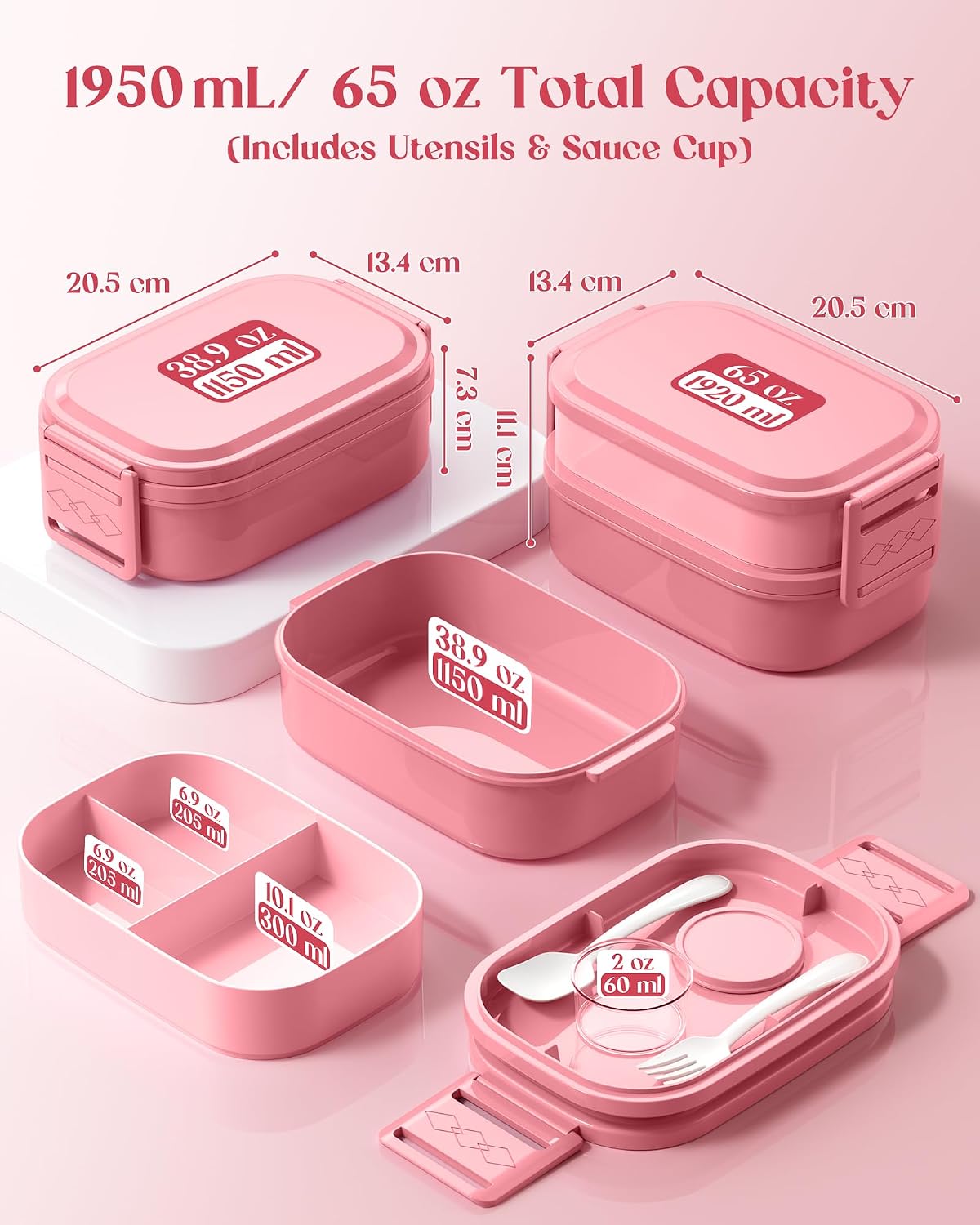 Bento Lunch Box, 65 oz 3-Tier Stackable Lunch Container, Adjustable 2/3 Tier Design, BPA-Free Food-Grade Plastic, Leakproof, Microwave & Dishwasher Safe, Pink