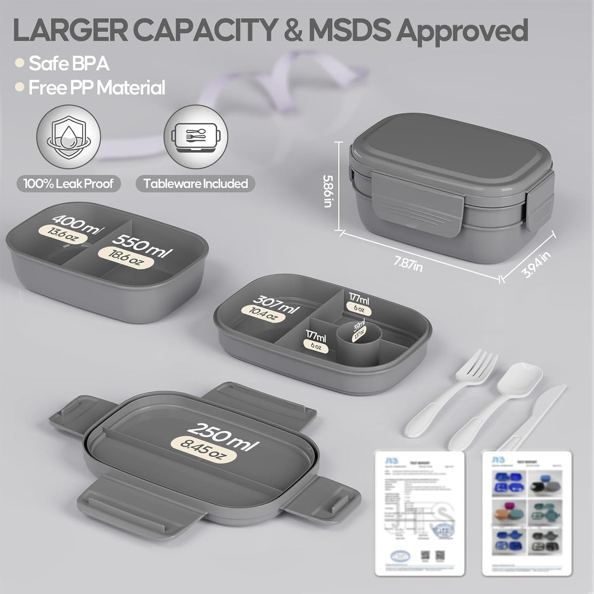 Adults Bento Lunch Box Set with Lunch Bag for Work, Dining Out（Grey）
