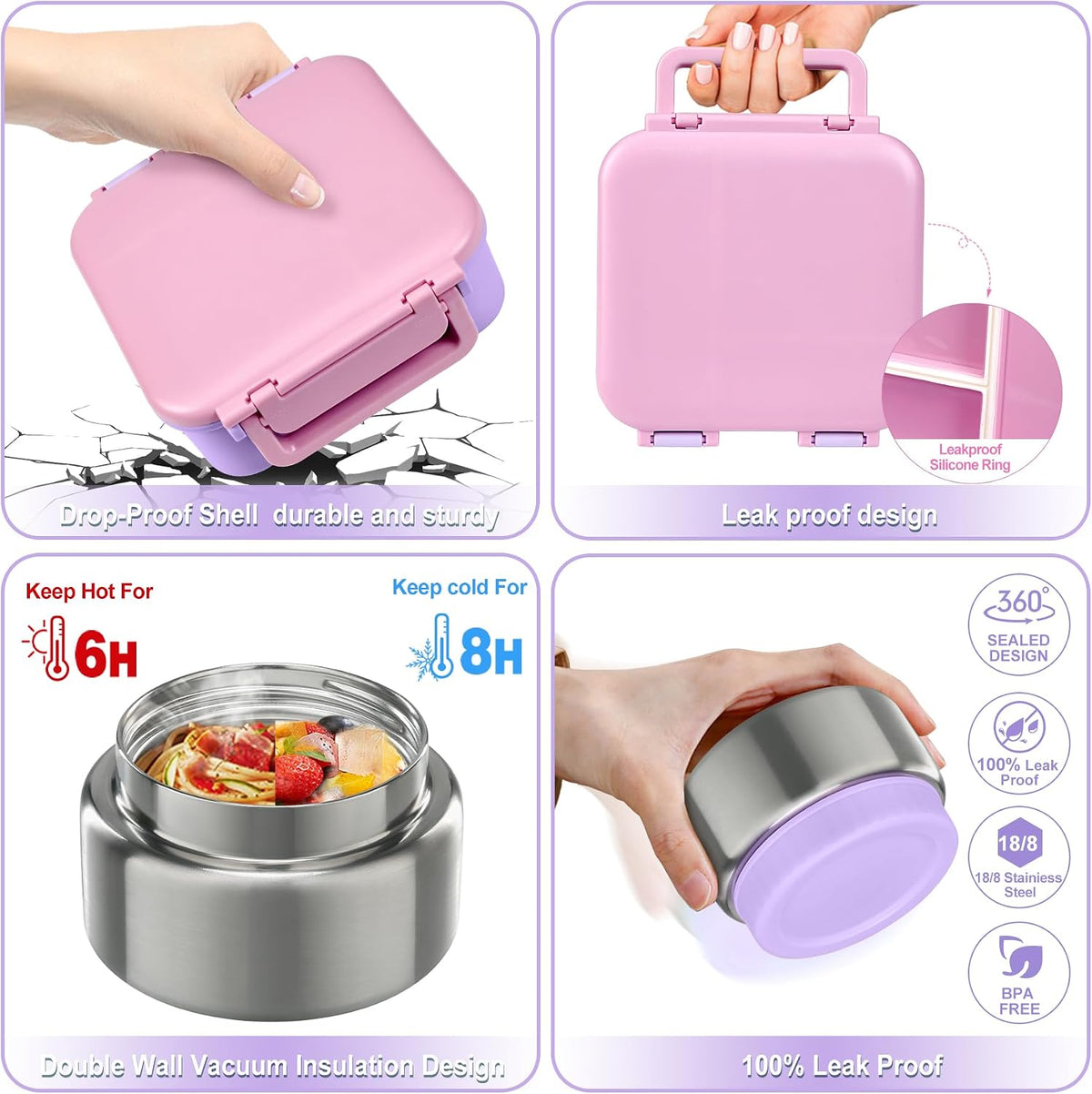 Kids Bento Lunch Box with 9oz Soup Thermo Leakproof Lunch Food Containers 4 Compartment with Insulated Hot Food Jar for Kid Toddler Girls Boys to School Trvael