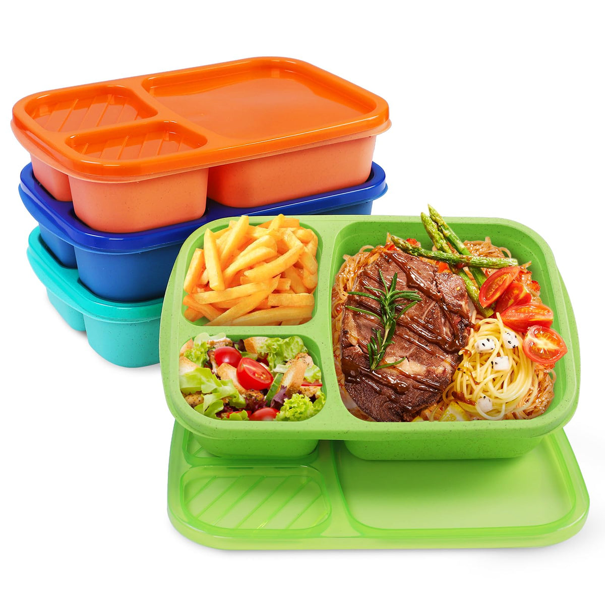 buluker 4 Pack Bento Lunch Box Set 3 Compartment Food Storage Containers Wheat Straw Meal Prep Lunch Box Plastic Food Storage Containers, Microwave and Dishwasher Safe (Vivid Colors)
