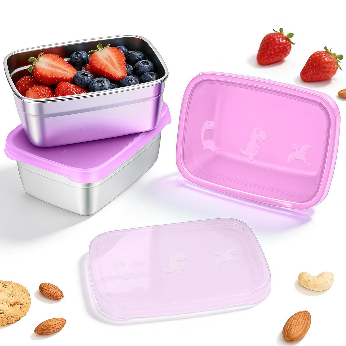 Tanjiae 3 CUP+1 CUP Stainless Steel Lunch Snack Containers Set | Leak Proof 304 Stainless Steel Food Containers with Silicone Lids - Perfect Metal Lunch Box for School and Daycare (25oz+8oz*2)