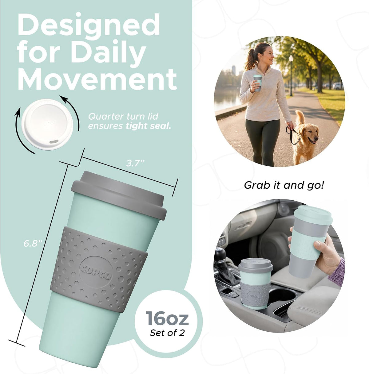 Copco Acadia Travel Mug with Lid, 16 Oz - Aqua & Gray, Set of 2