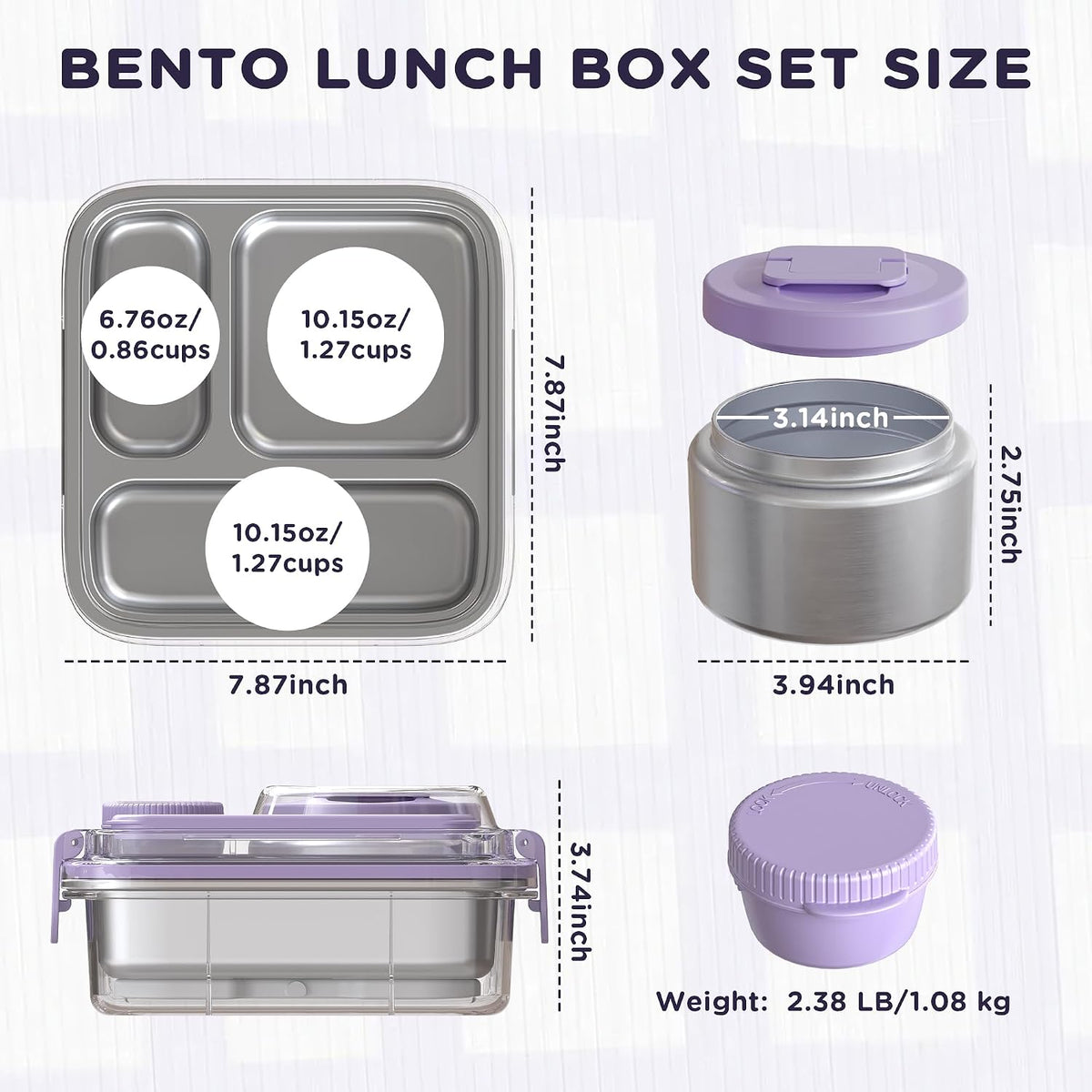 Stainless Steel Bento Lunch Box for Kids Adults with 8oz Insulated Food Jar,Ice Pack,Leak-proof,Dishwasher-Safe,Transparent Lid with Sauce Cup and Cutlery Storage for School & Travel,BPA-Free(Purple)