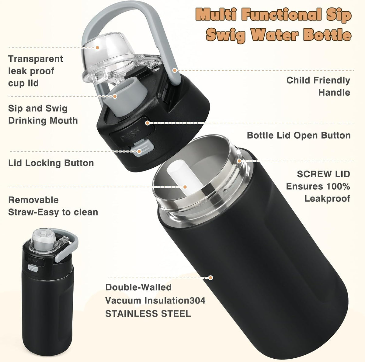 Bento Lunch Box for Kids with 7oz Soup Thermo,Insulated Stainless Steel Kids Water Bottle with Straw and Insulated Lunch Bag,Leak-Proof Lunch Food Container with Ice Pack for School(Black)