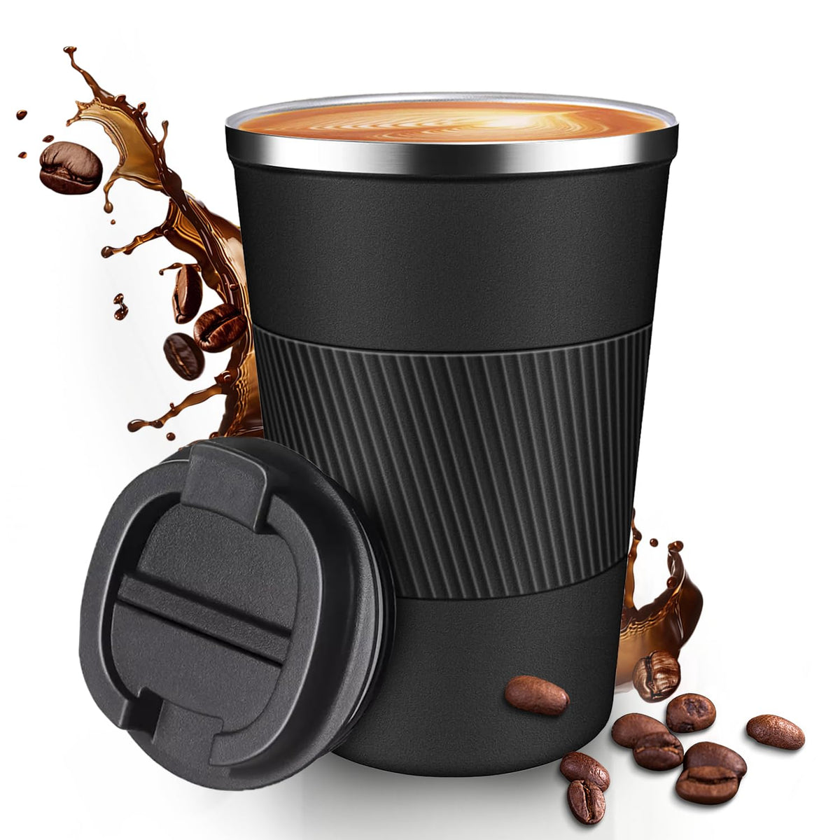 12OZ Travel Coffee Mug Insulated Coffee Cup with Spill Leak Proof Lid, Portable Stainless Steel Tumbler Reusable Hot and Cold Water Mug for Car, Daily, Camping-Black