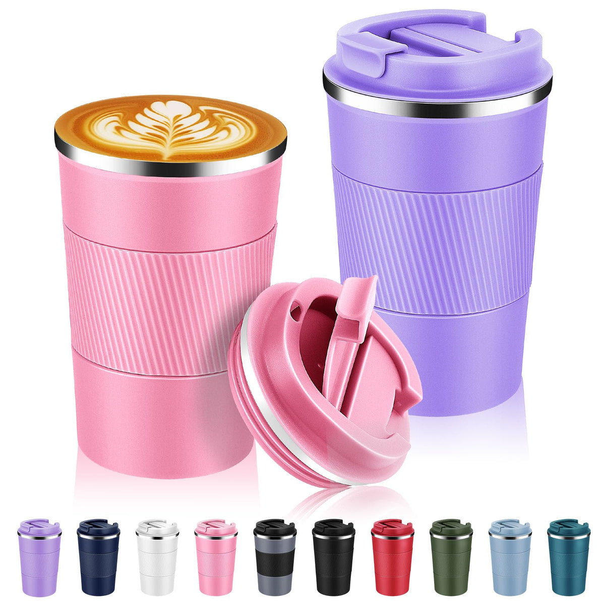 Volhoply 13 oz Stainless Steel Insulated Travel Coffee Cup with Fip Lid,Reusable Double Wall Vacuum Metal Coffee Mug,Portable to Go Leak Proof Cafe Mugs for Hot & Cold Drinks(Pink,1)