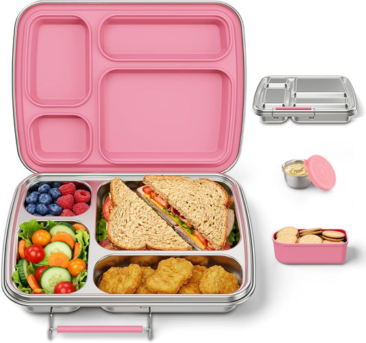 Stainless Steel Bento Box for Kids, Kids Lunch Box with 4-Compartment, Metal Lunch Box with Silicone Container & Sauce Cup, Durable Lunch Box Containers for School and Office (Pink)