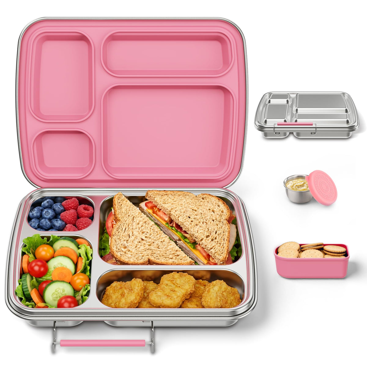 Stainless Steel Bento Box for Kids, Kids Lunch Box with 4-Compartment, Metal Lunch Box with Silicone Container & Sauce Cup, Durable Lunch Box Containers for School and Office (Pink)