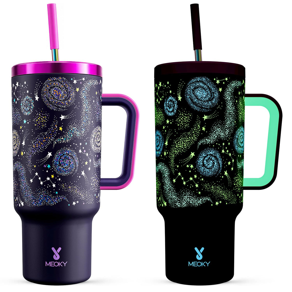 Meoky 40oz Tumbler with Handle, Leak-proof Lid and Straw, Insulated Coffee Mug Stainless Steel Travel Mug, Keeps Cold for 34 Hours or Hot for 10 Hours (Night)