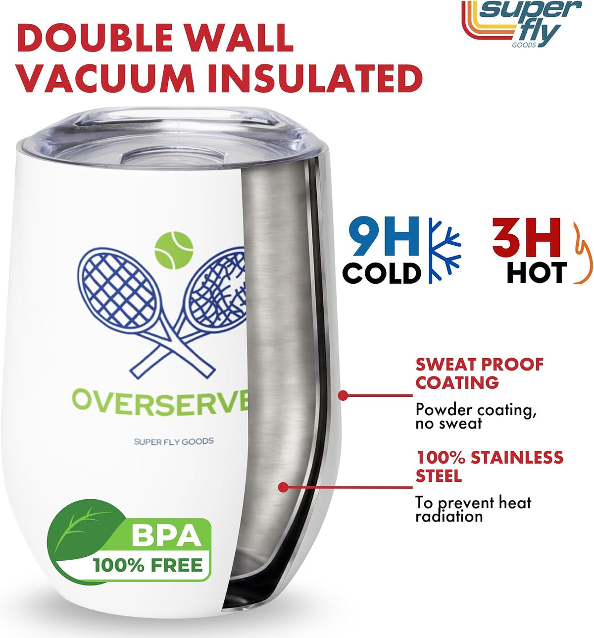 Super Fly Goods - 12 oz Tennis Mug – Insulated Stainless Steel Tumbler with Lid | Keeps Beverages Hot or Cold | Cool Gifts for Women, Dad & Players, Unique Gift Idea (Tennis)