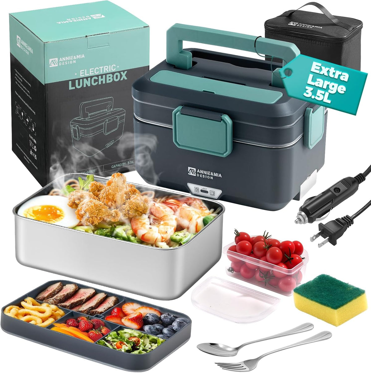 Annie & Mia Design Electric Lunch Box for Adults, 100w 3.5L 2-Layer Portable Food Warmer, Dual Mode 2.5L + 1L Heated Lunch Box for Adults, Home/Car/Office/Truck Use, Lonchera Eléctrica Portátil