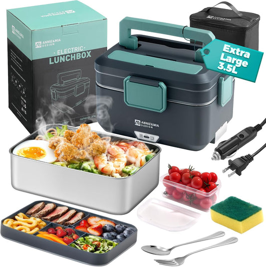 Annie & Mia Design Electric Lunch Box for Adults, 100w 3.5L 2-Layer Portable Food Warmer, Dual Mode 2.5L + 1L Heated Lunch Box for Adults, Home/Car/Office/Truck Use, Lonchera Eléctrica Portátil