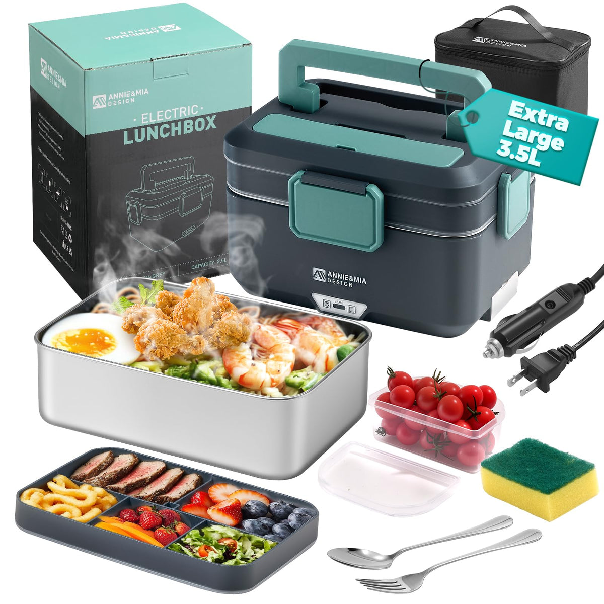 Annie & Mia Design Electric Lunch Box for Adults, 100w 3.5L 2-Layer Portable Food Warmer, Dual Mode 2.5L + 1L Heated Lunch Box for Adults, Home/Car/Office/Truck Use, Lonchera Eléctrica Portátil
