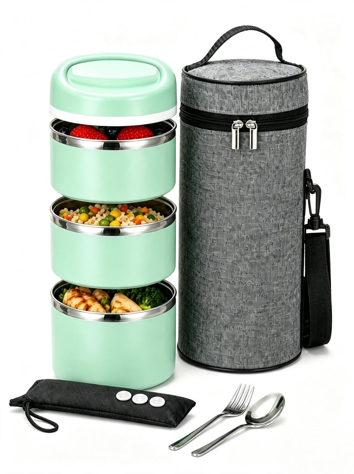 Lille Home Stackable Stainless Steel Thermal Lunch Box, 43OZ/1.38L