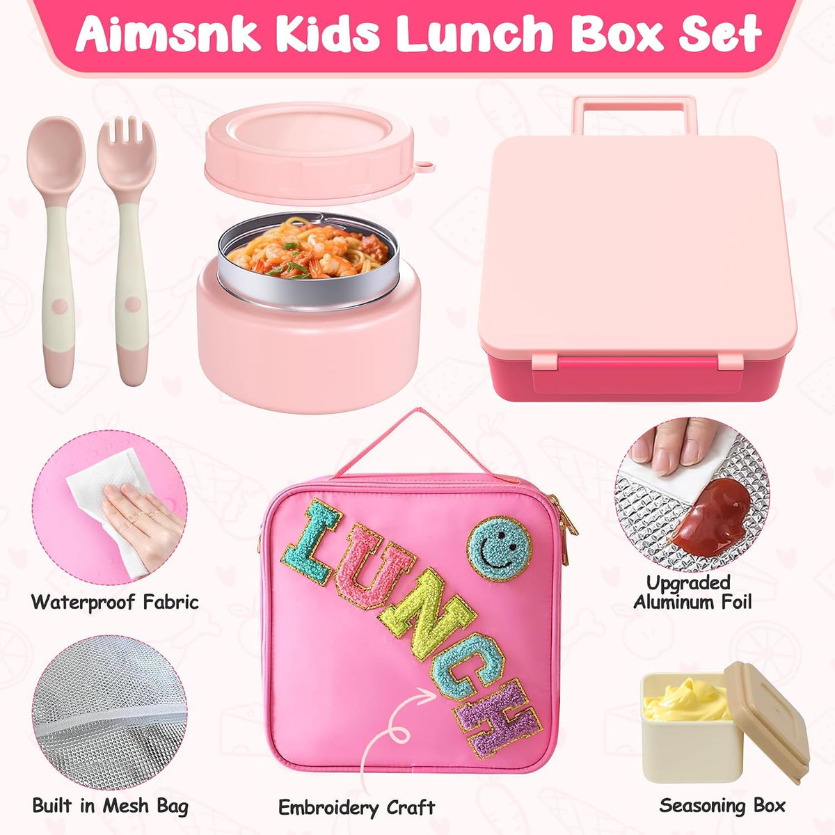 Aimsnk Lunch Box Kids with Thermo Insulated Lunch Bag for School, Pink