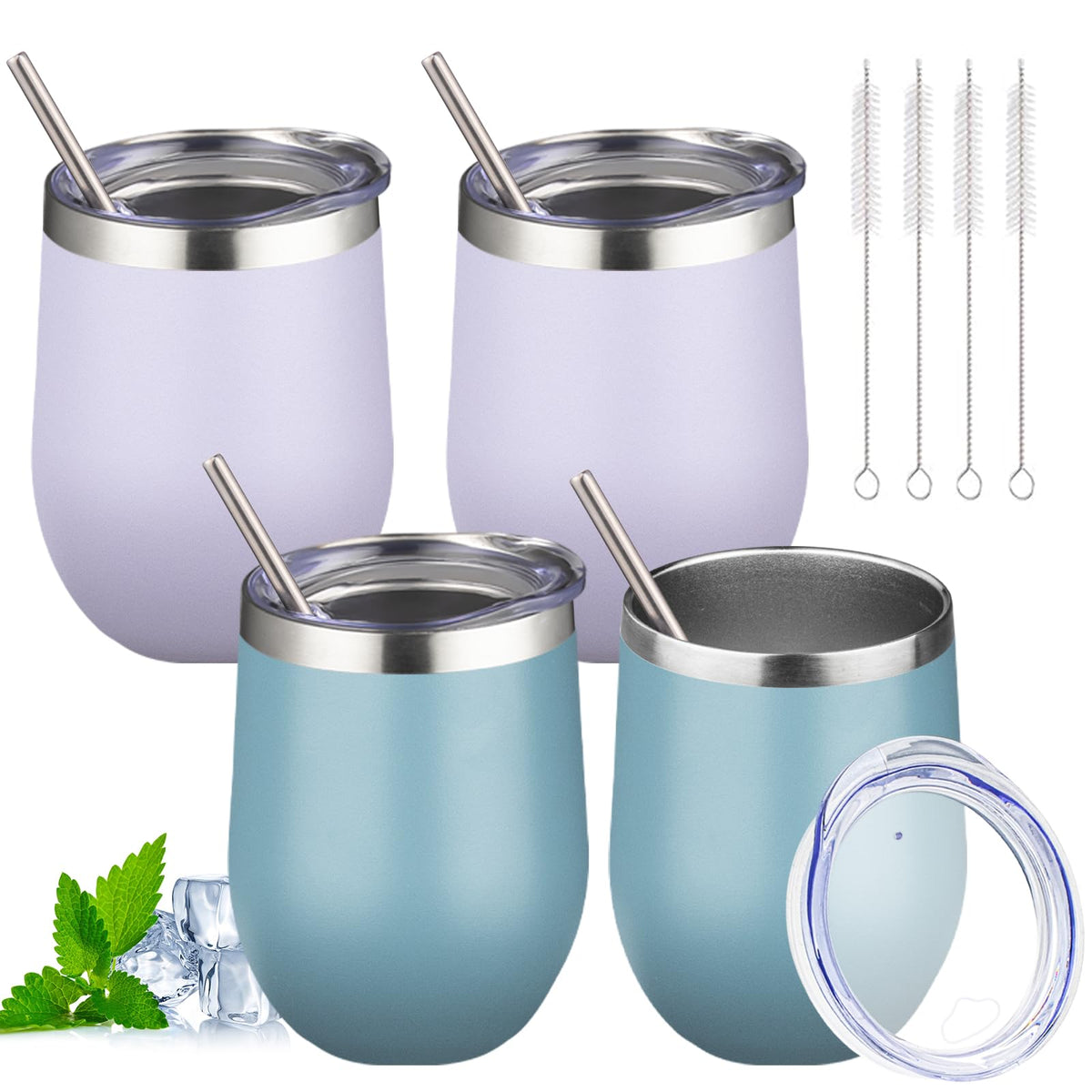 12oz Stemless Wine Tumbler with Lid Double Wall Insulated Wine Cup Stainless Steel Glasses Tumbler with Straw Insulated Cocktail Tumbler Coffee Mug for Hot and Cold Beverages (Multicolor-4, 4 Pack)