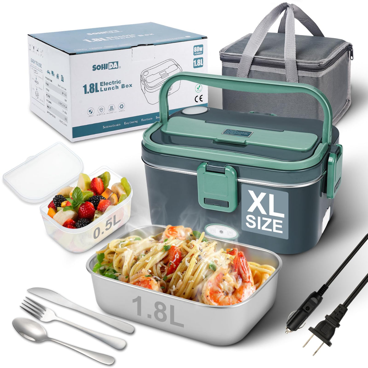 1.8L Heated Lunch Box for Men, Portable Food Warmer for Car/Truck/Office